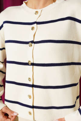 İnce Yatay Çizgili Triko Hırka Bej Lacivert - Kadın Giyim Modelleri