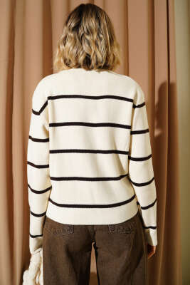 İnce Yatay Çizgili Triko Hırka Bej - Yılın Fırsatı