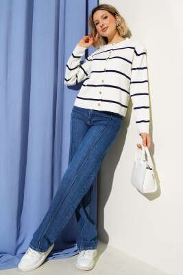 İnce Yatay Çizgili Triko Hırka Ekru - Yılın Fırsatı