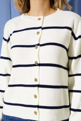 İnce Yatay Çizgili Triko Hırka Ekru - Yılın Fırsatı