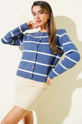 İnce Yatay Çizgili Triko Hırka İndigo 