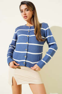 İnce Yatay Çizgili Triko Hırka İndigo - Kadın Giyim Modelleri