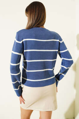 İnce Yatay Çizgili Triko Hırka İndigo - Kadın Giyim Modelleri