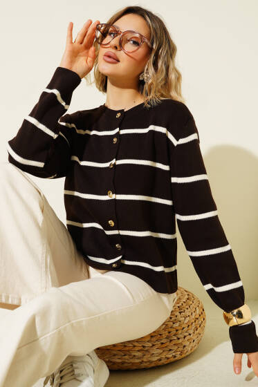 İnce Yatay Çizgili Triko Hırka Kahve - Kadın Giyim Modelleri