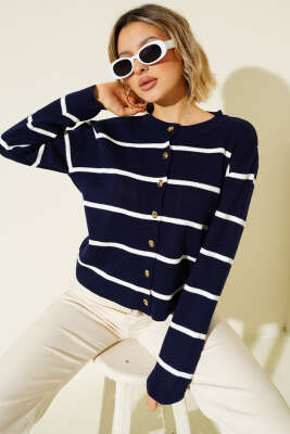 İnce Yatay Çizgili Triko Hırka Lacivert 