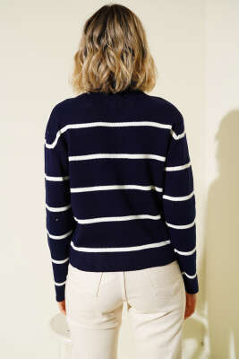 İnce Yatay Çizgili Triko Hırka Lacivert - Yılın Fırsatı