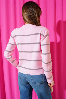 İnce Yatay Çizgili Triko Hırka Pembe - Kadın Giyim Modelleri
