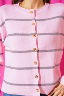 İnce Yatay Çizgili Triko Hırka Pembe - Kadın Giyim Modelleri