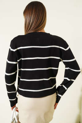 İnce Yatay Çizgili Triko Hırka Siyah - Kadın Giyim Modelleri