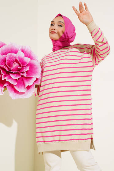 İnce Yatay Çizgili Tunik Fuşya - Tunik