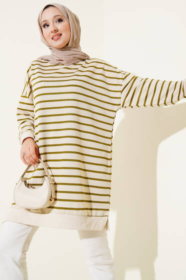 İnce Yatay Çizgili Tunik Haki - Yılın Fırsatı