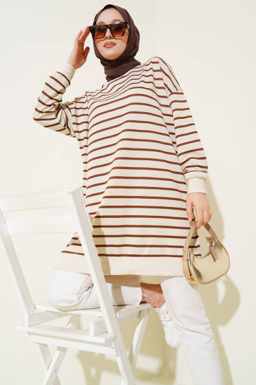 İnce Yatay Çizgili Tunik Kahve - Yılın Fırsatı