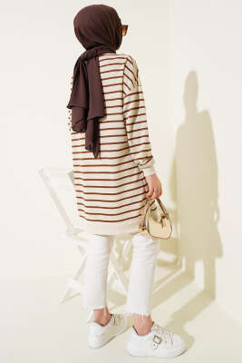 İnce Yatay Çizgili Tunik Kahve - Yılın Fırsatı