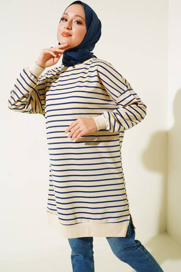 İnce Yatay Çizgili Tunik Lacivert - Yılın Fırsatı