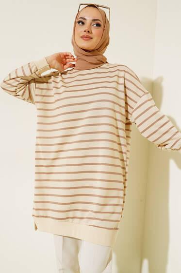 İnce Yatay Çizgili Tunik Latte - Tunik