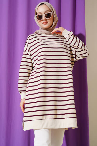 İnce Yatay Çizgili Tunik Mor - Yılın Fırsatı