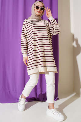 İnce Yatay Çizgili Tunik Mor - Yılın Fırsatı