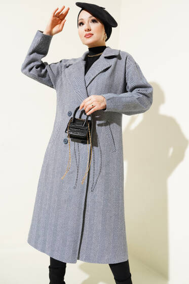 İnce Zikzak Çizgili Kaşe Kaban Duman Gri - Kaban