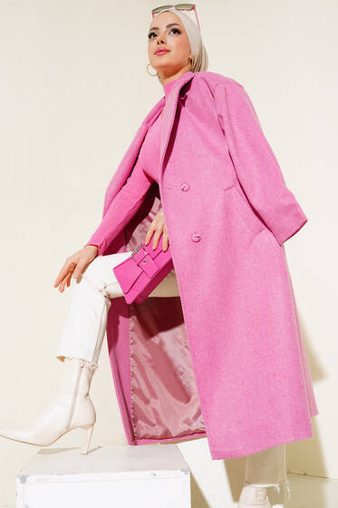 İnce Zikzak Çizgili Kaşe Kaban Fuşya - Kaban