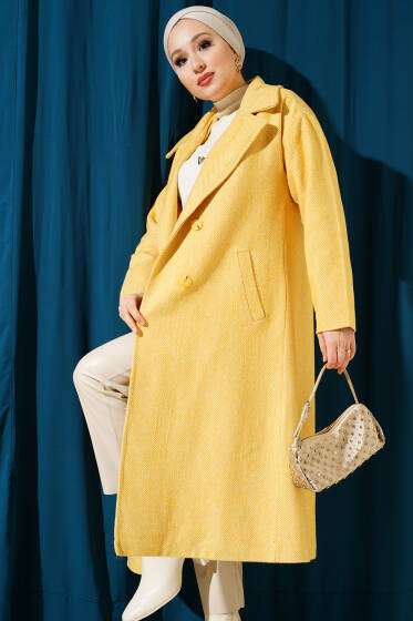 İnce Zikzak Çizgili Kaşe Kaban Hardal - Kaban