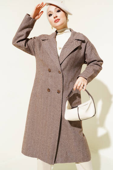 İnce Zikzak Çizgili Kaşe Kaban Kahve - Kaban