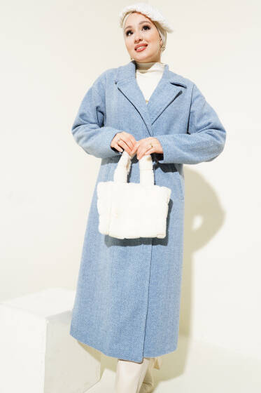 İnce Zikzak Çizgili Kaşe Kaban Mavi - Kaban