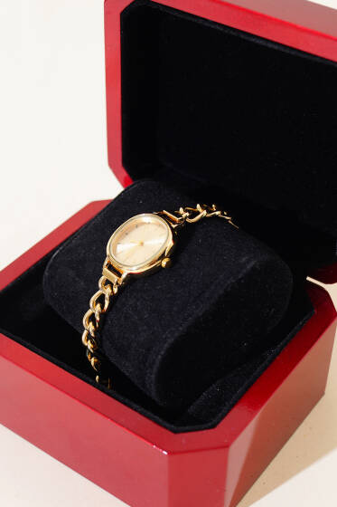İnce Zincir Kordonlu Kadın Kol Saati Gold - Saat