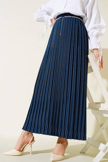 İnci Aksesuarlı Piliseli Çizgili Etek Petrol - Etek