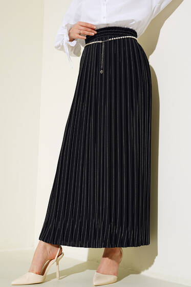 İnci Aksesuarlı Piliseli Çizgili Etek Siyah - Etek