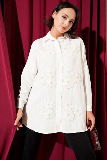 İnci Çiçek Desenli Taşlı Gömlek Ekru - Gömlek