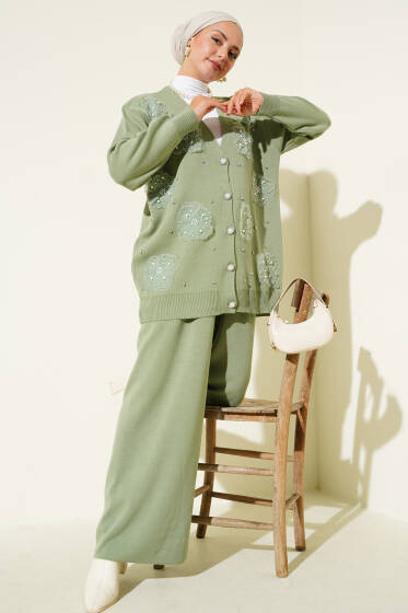 İnci Çiçek Detaylı İkili Triko Takım Çağla Yeşili - İkili Takım