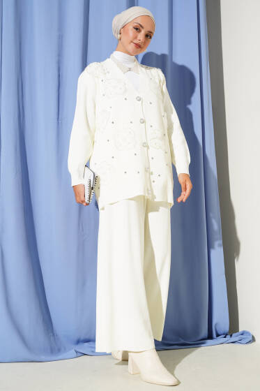 İnci Çiçek Detaylı İkili Triko Takım Ekru - İkili Takım