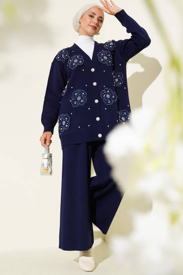 İnci Çiçek Detaylı İkili Triko Takım Lacivert - İkili Takım