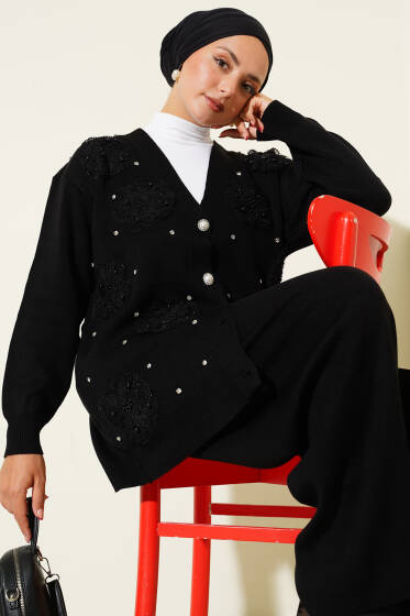 İnci Çiçek Detaylı İkili Triko Takım Siyah - İkili Takım