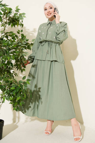 İnci Çiçekli Bel Tünelli Etekli Takım Çağla Yeşili - İkili Takım