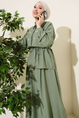 İnci Çiçekli Bel Tünelli Etekli Takım Çağla Yeşili - İkili Takım