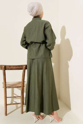 İnci Çiçekli Bel Tünelli Etekli Takım Haki - İkili Takım