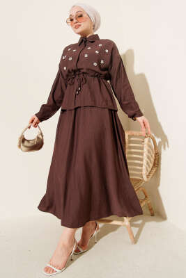 İnci Çiçekli Bel Tünelli Etekli Takım Kahve - NESSİA