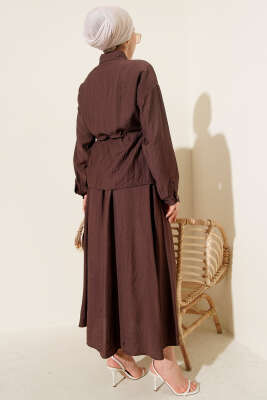 İnci Çiçekli Bel Tünelli Etekli Takım Kahve - İkili Takım