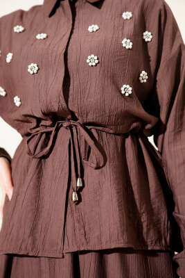 İnci Çiçekli Bel Tünelli Etekli Takım Kahve - İkili Takım