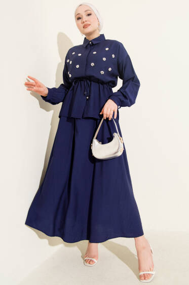 İnci Çiçekli Bel Tünelli Etekli Takım Lacivert - İkili Takım