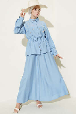 İnci Çiçekli Bel Tünelli Etekli Takım Mavi - NESSİA