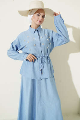 İnci Çiçekli Bel Tünelli Etekli Takım Mavi - İkili Takım