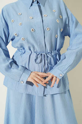 İnci Çiçekli Bel Tünelli Etekli Takım Mavi - İkili Takım