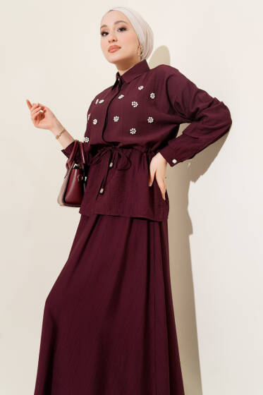 İnci Çiçekli Bel Tünelli Etekli Takım Mürdüm - İkili Takım