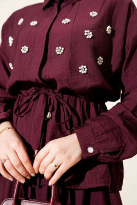 İnci Çiçekli Bel Tünelli Etekli Takım Mürdüm - İkili Takım