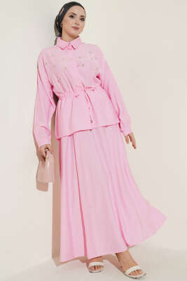 İnci Çiçekli Bel Tünelli Etekli Takım Pembe 