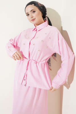 İnci Çiçekli Bel Tünelli Etekli Takım Pembe - İkili Takım