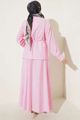 İnci Çiçekli Bel Tünelli Etekli Takım Pembe - İkili Takım