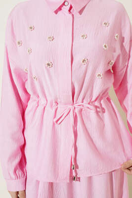 İnci Çiçekli Bel Tünelli Etekli Takım Pembe - İkili Takım